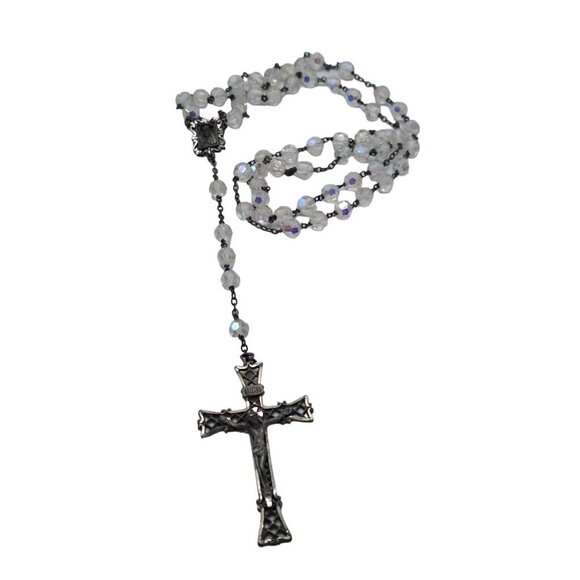 INRA Sterling Silver Crystals Beaded Cross Rosary Pendant Necklace Italy VTG - Picture 1 of 5